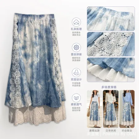 Blue and white tie-dyed lace edge cool silk-stored linen long dress for women with floral style Blue and white tie-dyed lace edge cool silk-stored linen long dress for women with floral style
